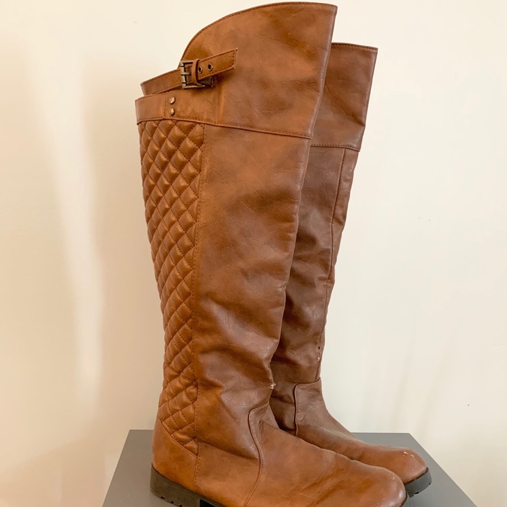 Brown Tall Quilted Pattern Top Buckle Boots